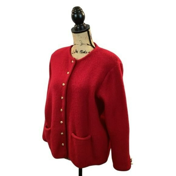 Vintage Red Cardigan Sweater With Gold Buttons & Pockets - Picture 2 of 12